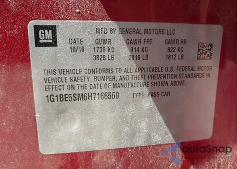 2017 Chevrolet Cruze Lt Auto z USA, uszkodzony, nr VIN 1G1BE5SM6H7166560